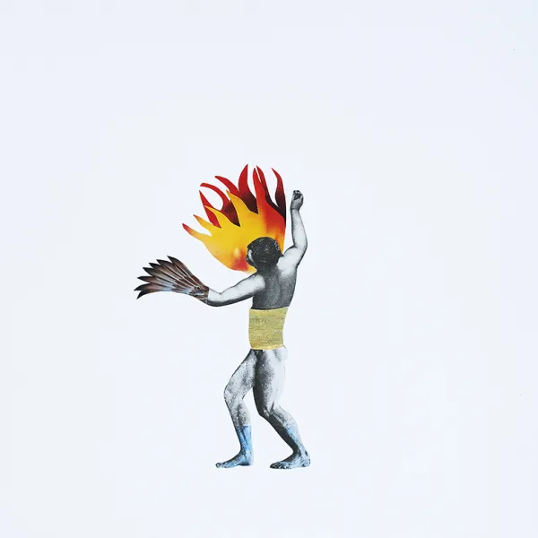 Teresa Cribelli, "The Year that Burned, " vintage paper, watercolor pencil, 9” x 11.5” A man walking toward the left with flames all around his head. His right arm is raised, his left arm is extended forward and ends in a large bird's wing instead of a hand. He's got a wide bandage wrapped around his waist and his feet are blue.