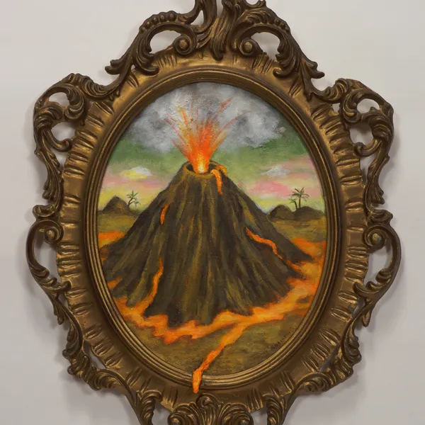 Nancy Robinson, "Tiny Disaster #2 (Volcano)," 2D/3D acrylic, canvas, mixed media, ornate gold frame, 20” x 15” Picture of a volcanic eruption inside an oval gold frame.