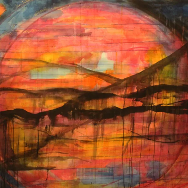 × Nicole Drilling, "Variable," watercolor & ink on paper , 39” x 59” Abstract. A large red and orange circle on a black background with black streaky lines across the circle. The lines look like the outlines of hills or waves.