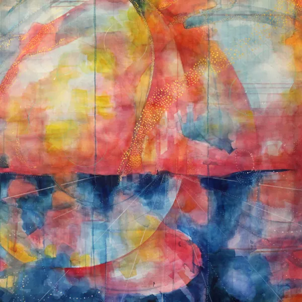 Nicole Drilling, "Walk You Through the Dark," watercolor & ink on paper, 39” x 57” Abstract with red and yellow all over. The background of the top is white, the background of the bottom is dark blue, almost black.