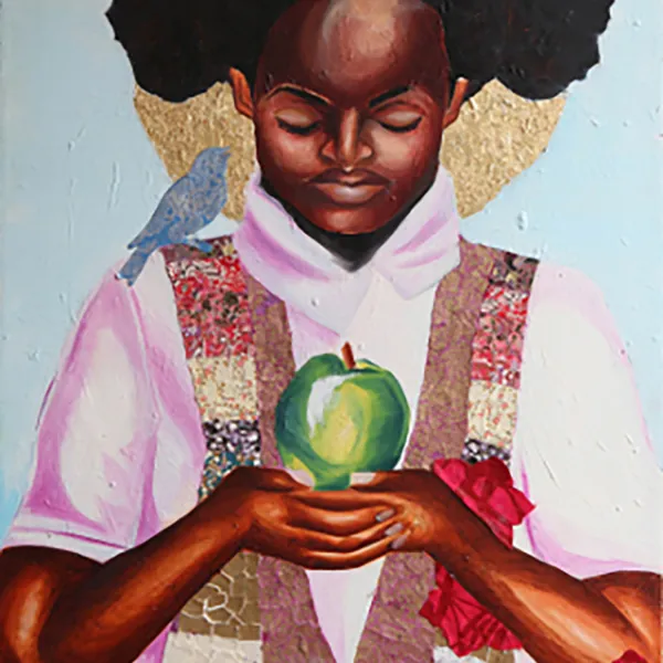 Suritah Teresa Wignall "A New Day," oil, gold leaf & collage on canvas, 60” x 48”