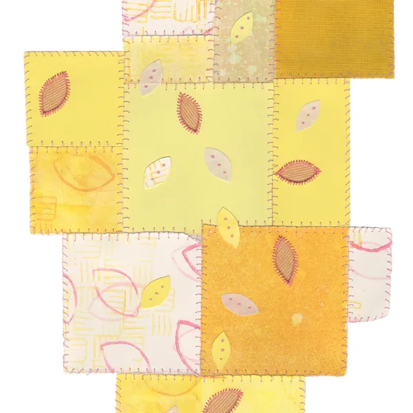 × Gwen Partin, "Yellow 1," monotype prints, papers, fabrics, thread, sewing and collage, 14” x 9.875” Yellow, orange, and pale pink squares with leaves on them. The squares look like they're stitched together the way a quilt is.