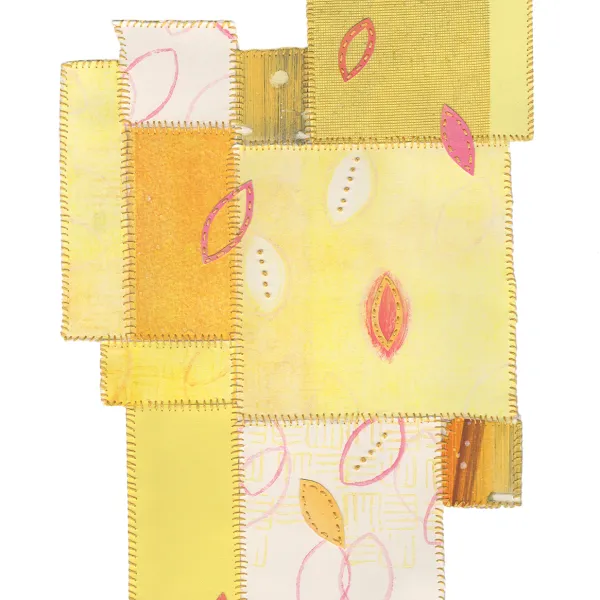 Yellow, orange, and pale pink squares with leaves on them. The squares look like they're stitched together the way a quilt is.