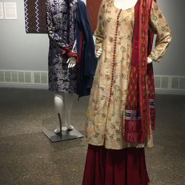 Dharma (foreground), 2016, repurposed silks and cotton; Trill Shakti & Shalabha (background), 2016, repurposed indigo batik saree, organic linen and cotton blend fabric, repurposed batik fabric, hand embroidery