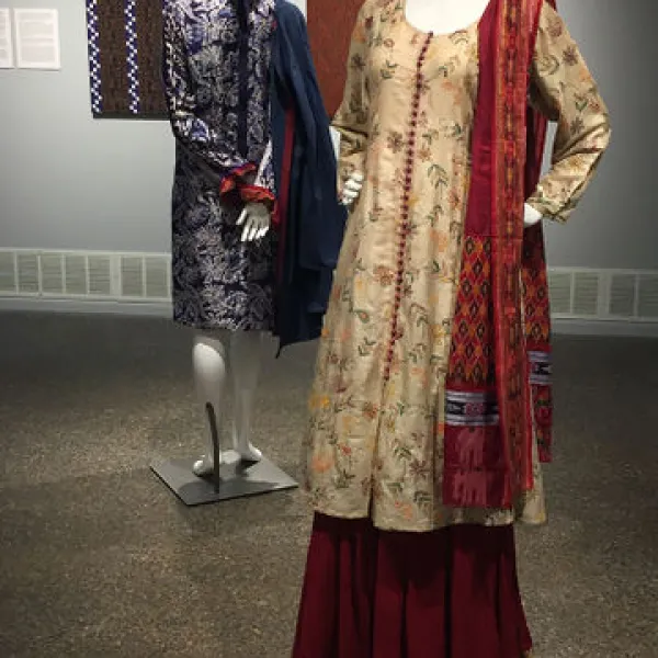 installation view Dharma (foreground), 2016, repurposed silks and cotton; Trill Shakti & Shalabha (background), 2016, repurposed indigo batik saree, organic linen and cotton blend fabric, repurposed batik fabric, hand embroidery
