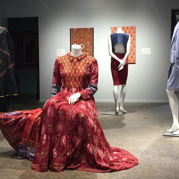 installation view Perfect Patola (seated), 2016, dress and scarf are made from three repurposed ikat sarees; from left to right: Om Shanti Om, Prana, Guru