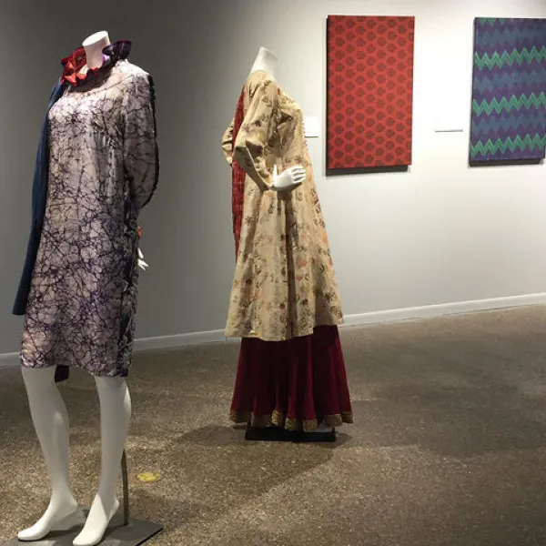installation view Dharma (background), 2016, repurposed silks and cotton; Trill Shakti & Shalabha (foreground), 2016, repurposed indigo batik saree, organic linen and cotton blend fabric, repurposed batik fabric, hand embroidery