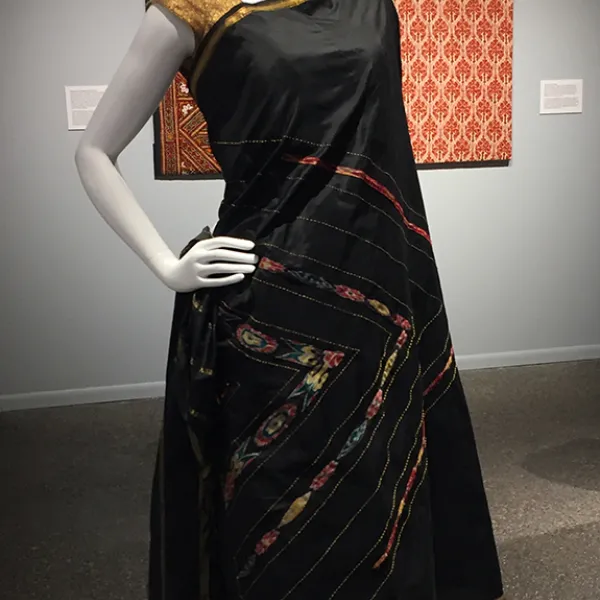 installation view Om Shanti Om, 2017, repurposed saree, hand embrodery, appliqued ikat saree remnants