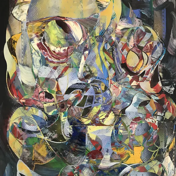 Kimberly Benson, oil and enamel on fabric on canvas, 36 x 24"