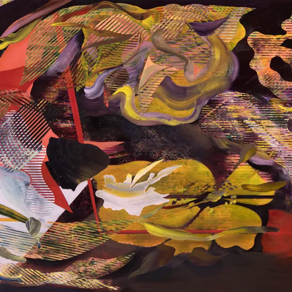 To The End of Love (Vanitas), 2018 Kimberly Benson, oil and enamel on lace on canvas, 60 x 84"
