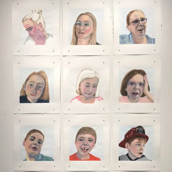Betsey Hodson Snapshots of Mothering From Both Sides, gouache, 19 x 16" each, 2019