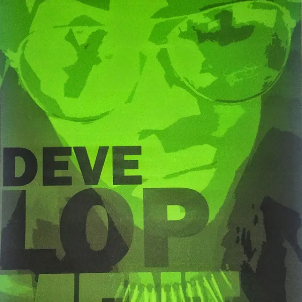 Lavina Branscomb, Courageous Intersections 2, 2016, digital print on paper, 22 x 17" Bright green silhouette of a Black woman with the word "DEVELOPMENT" written across the picture.