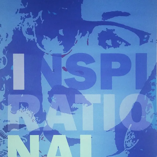 Lavina Branscomb, Courageous Intersections 3, 2016, digital print on paper, 22 x 17" Blue silhouette of a Black woman with the word "INSPIRATIONAL" across the picture.