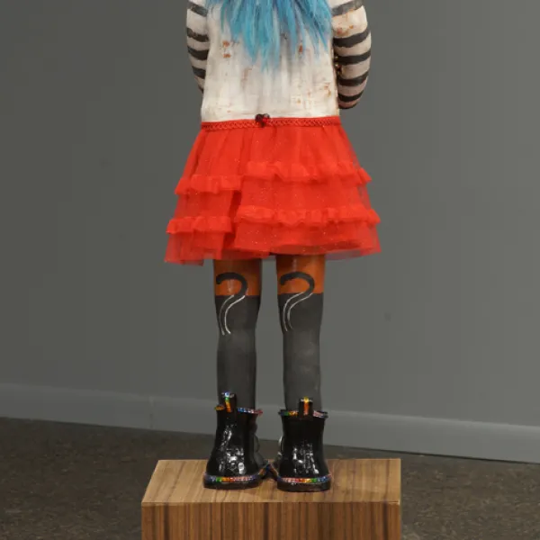 Attitude 2016, mixed media - back of terra cotta clay, gold luster, underglaze/glaze, fabric, paint, wood, 48" x 12" x 12" (HxWxD)