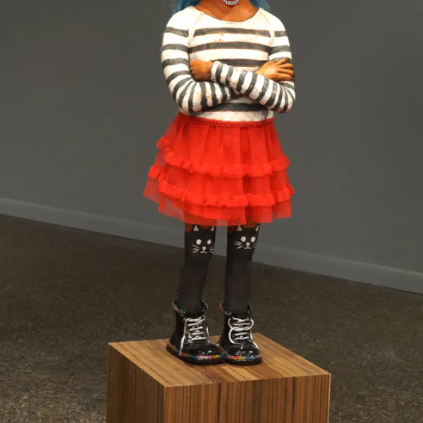 Attitude 2016, mixed media - terra cotta clay, gold luster, underglaze/glaze, fabric, paint, wood, 48" x 12" x 12" (HxWxD)