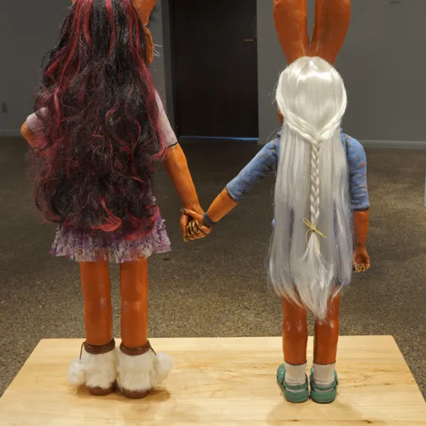 BFF - Best Friend Forever 2016, mixed media - back of terra cotta clay, gold luster, underglaze/glaze, fabric, glass eyes, wood, 54" x 48" x 20" (HxWxD)