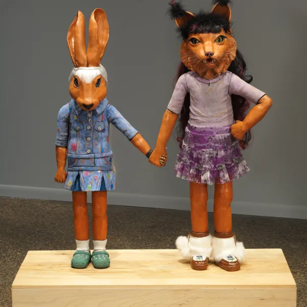 BFF - Best Friend Forever 2016, mixed media - terra cotta clay, gold luster, underglaze/glaze, fabric, glass eyes, wood, 54" x 48" x 20" (HxWxD)