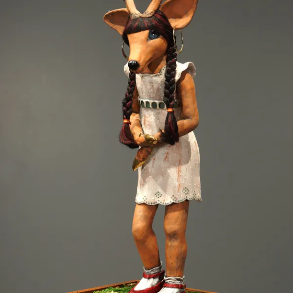 Doe, A Deer 2015 mixed media - terra cotta clay, underglaze/glaze, gold luster, hair, glass eyes, wood, 48" x14" x14" (HxWxD)