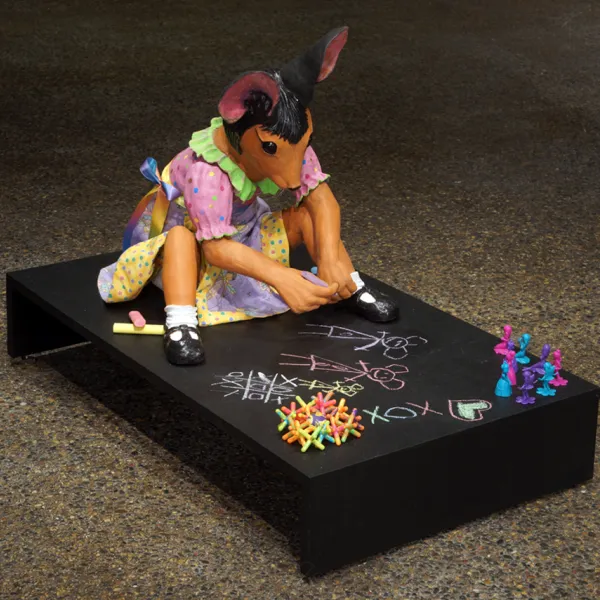 Little Midge 2016, mixed media - terra cotta clay, underglaze/glaze, fabric, paint, wood, 20" x 36" x 24" (HxWxD)
