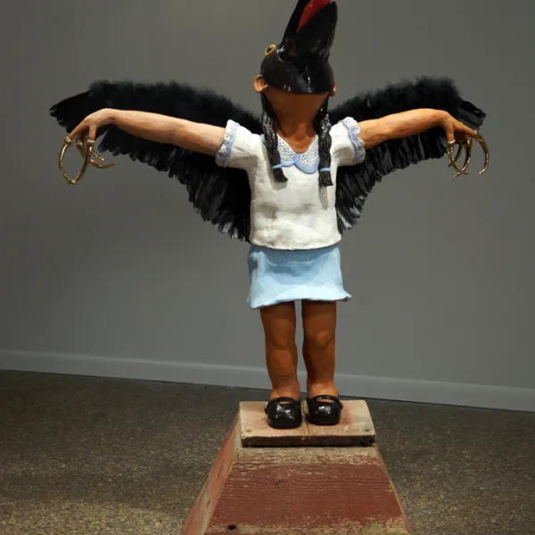 Wings of Desire 2012, mixed media - terra cotta clay, underglaze/glaze, gold luster, feathers, wood, 38" x 45" x 10" (HxWxD)