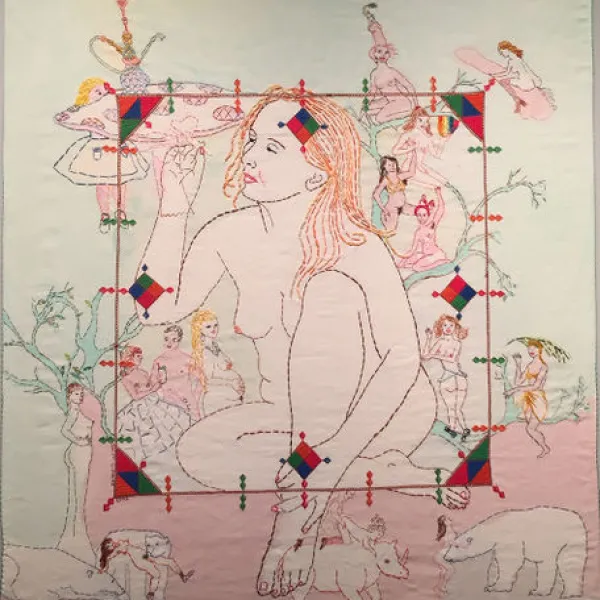 Orly Cogan Alice in Blunderland, 2017, hand stitched embroidery, 38 x 36"