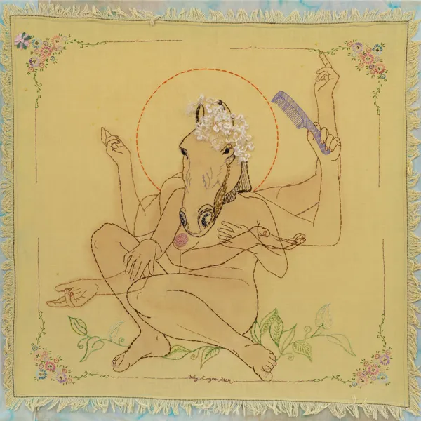 Orly Cogan Horse of a Different Color, 2017, paint, embroidery, 37 x 37"