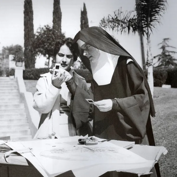 Corita with a student, Immaculate Heart College, circa 1955