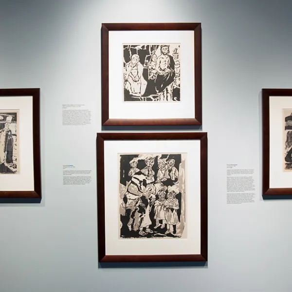 installation view LEFT to RIGHT: Bernice Stuart, The Prelate, print collage, 1956, St. Catherine University Permanent Collection (Accession No. 2013.0.959), Patrick O’ Hare, FSCH (Irish Christian Brothers), Jesus Condemned to Death, serigraph, circa 1956, St. Catherine University Permanent Collection (Accession No. 2013.0.441), Frances Schmalberg, Heritage of the Lord, print, 1956, St. Catherine University Permanent Collection (Accession No. 2013.0.1213), Phoebe Beesergeeger, The Betrayal, print collage, 1956, St. Catherine