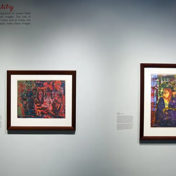 installation view LEFT: Sister Mary Ann Catherine, Bethlehem, serigraph, 1954, St. Catherine University Permanent Collection (Accession No. 2013.0.934) RIGHT: Semmion, St. John the Baptist, serigraph, 1956, St. Catherine University Permanent Collection (Accession No. 2013.0.924)