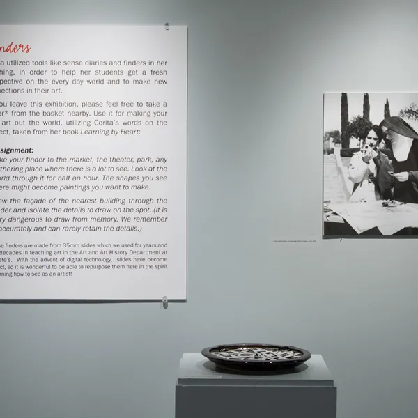 installation view Finders description, bowl of finders and image of Corita with a student, Immaculate Heart College, circa 1955