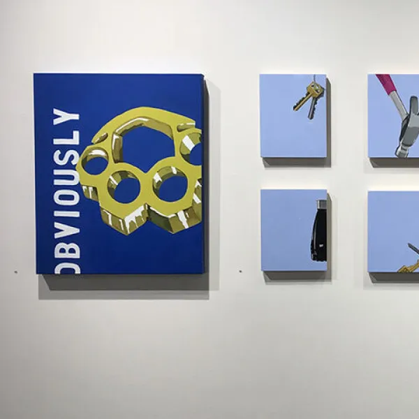 Cory Favre Mood Ring (left), oil on canvas, 30 x 20", 2019; White Knuckled Walk to Remember, oil on 10 panels, 10 x 8" each, 2019
