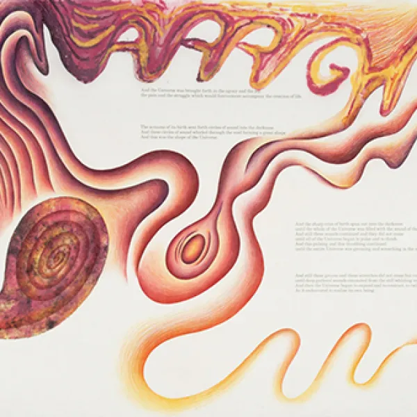 Creation Scroll, color trial proof - section one Judy Chicago, 1981-1983, lithograph, gold leaf and Prismacolor on handmade paper, 31.5 x 93.5", Courtesy: Through the Flower ©Judy Chicago