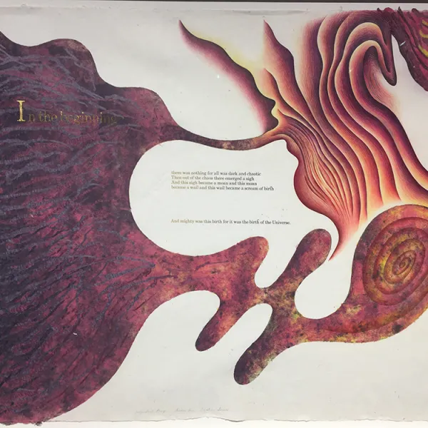 Creation Scroll, color trial proof - section one Judy Chicago, 1981-1983, lithograph, gold leaf and Prismacolor on handmade paper, 31.5 x 93.5", Courtesy: Through the Flower ©Judy Chicago