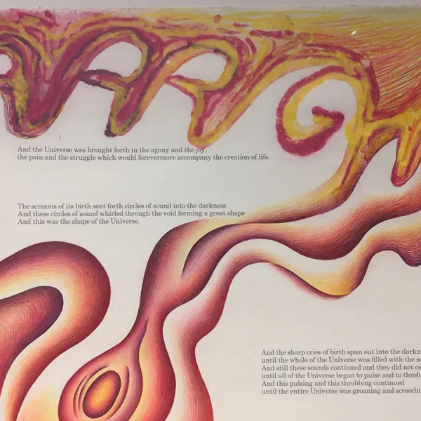 Creation Scroll, color trial proof - section one Judy Chicago, 1981-1983, lithograph, gold leaf and Prismacolor on handmade paper, 31.5 x 93.5", Courtesy: Through the Flower ©Judy Chicago