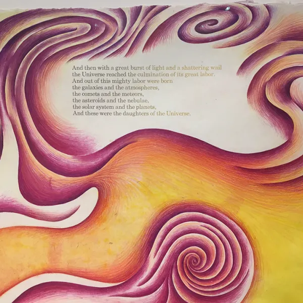 Creation Scroll, color trial proof - section one Judy Chicago, 1981-1983, lithograph, gold leaf and Prismacolor on handmade paper, 31.5 x 93.5", Courtesy: Through the Flower ©Judy Chicago