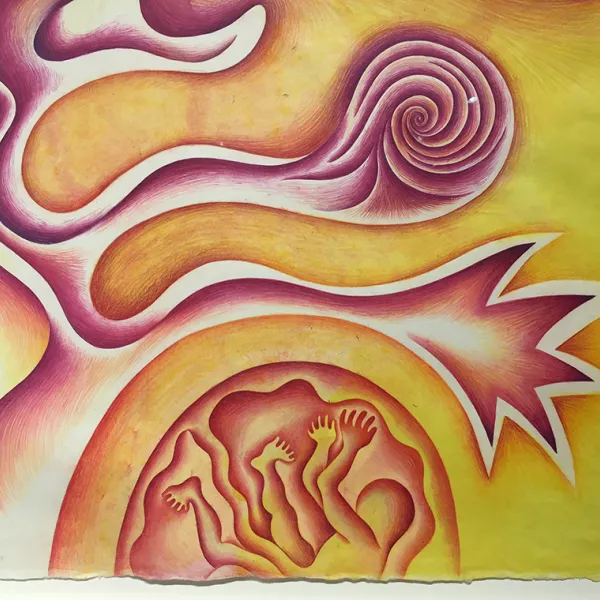 Creation Scroll, color trial proof - section one Judy Chicago, 1981-1983, lithograph, gold leaf and Prismacolor on handmade paper, 31.5 x 93.5", Courtesy: Through the Flower ©Judy Chicago