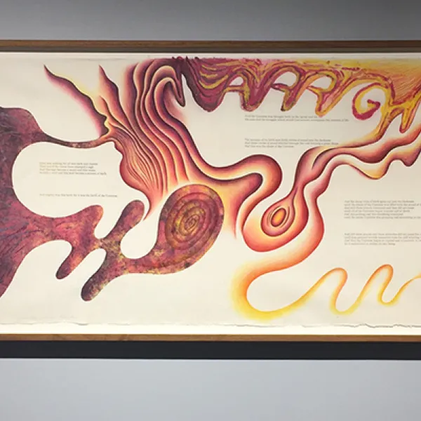 Creation Scroll, color trial proof - section one Judy Chicago, 1981-1983, lithograph, gold leaf and Prismacolor on handmade paper, 31.5 x 93.5", Courtesy: Through the Flower ©Judy Chicago