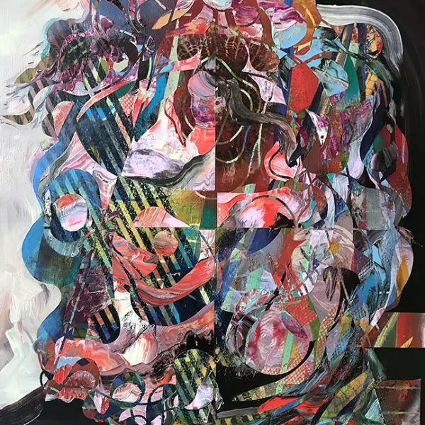 Kimberly Benson, oil and enamel on fabric on canvas, 36 x 24"