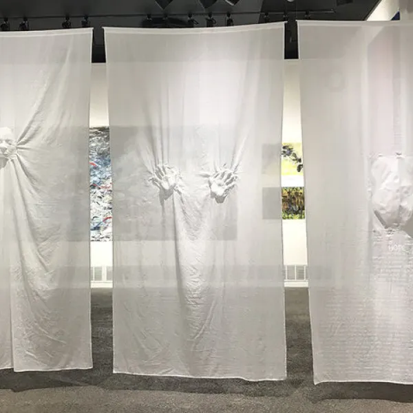 Fawzia Khan Coming Over - Over Coming, screenprint on cast fabric, 86 x 45" each panel, 2019