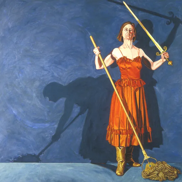 Woman in an orange dress holding a mop in one hand and a sword in the other. She casts two shadows, one bent over and mopping, one upright wielding the sword.
