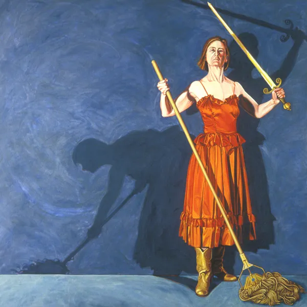 Feminist ReVisionary, 2005. Oil on canvas, 7 x 7'. Woman in an orange dress holding a mop in one hand and a sword in the other. She casts two shadows, one bent over and mopping, one upright wielding the sword.