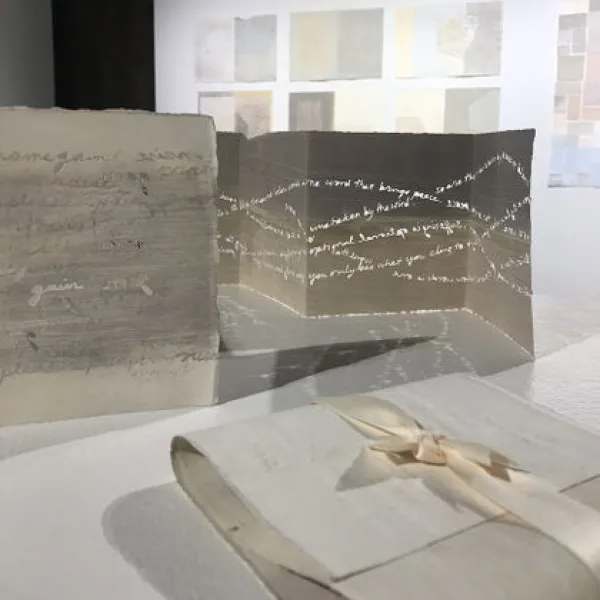 Gwen Partin Balance Book, monotype print, colored pencil and cut paper, 6 x 6" closed, 2019; The Winds Book, monotype print and cut paper, 6 x 6" closed, 2019