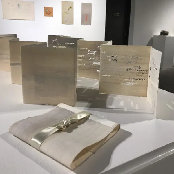 Gwen Partin Balance Book, monotype print, colored pencil and cut paper, 6 x 6" closed, 2019; The Winds Book, monotype print and cut paper, 6 x 6" closed, 2019