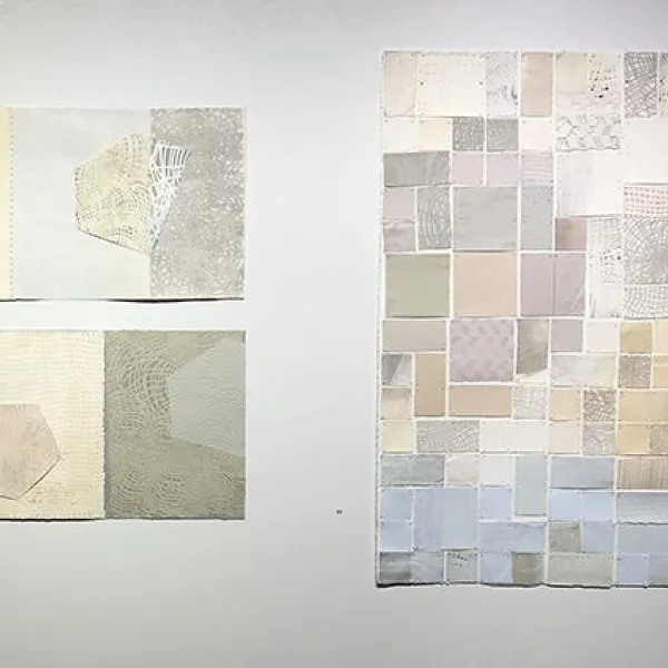 Gwen Partin Weave Diptych I - VI (left), monotype and collagraph print, cut paper, 15 x 22" each, 2019, Martha Love (right), monotype, collagraph, cut paper, silk, embroidery on paper, 41 x 29", 2019