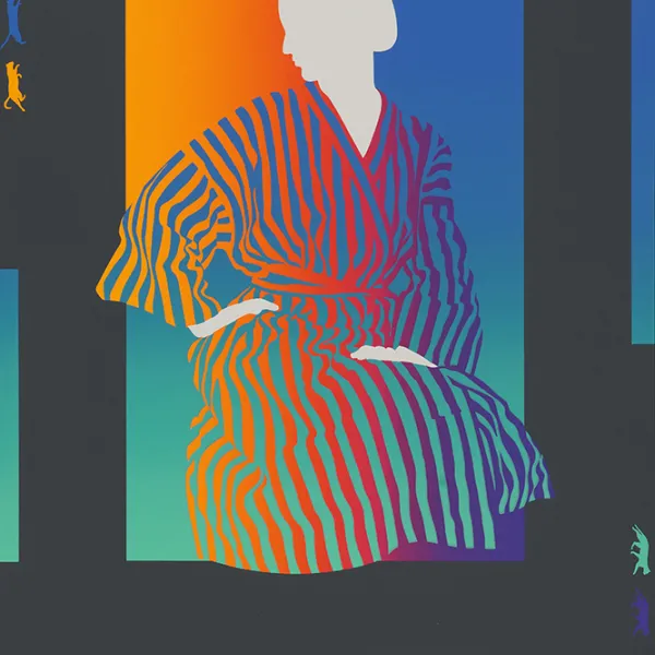 Happy New Year 1986 self portrait (detail), 1986. Commercial screenprint, 18 x 12". Silhouette of a woman wearing a robe with vertical stripes, against an orange, aqua, and blue background.