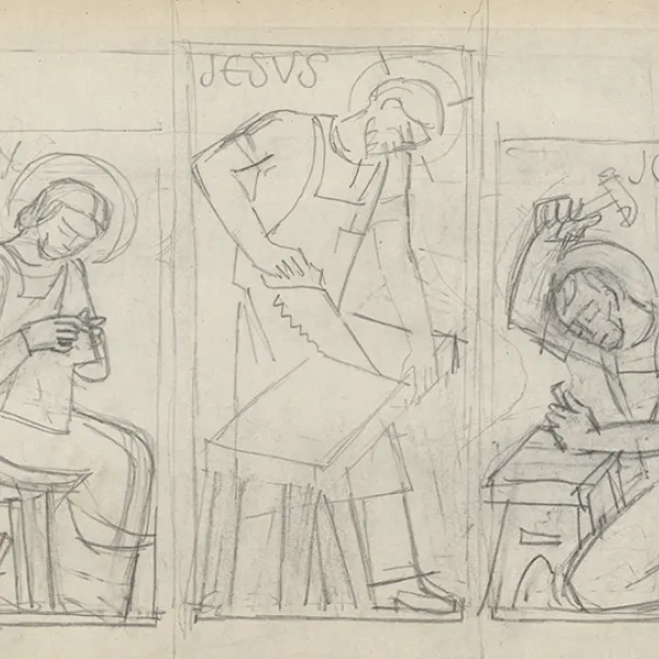 Holy Family pencil on paper, drawing from one of Ade Bethune's sketchbooks