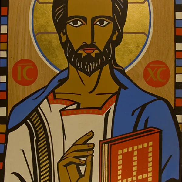 Icon of Christ the Teacher silkscreen on wood panel, c. 1963, Martha Greenwood Spaans, CSC '63, assisted Ade Bethune in creating the original silkscreen versions. Spaans made the prints using a sketch of Bethune's.