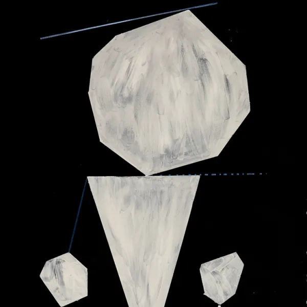 At the top is an onion-shaped image, white with streaks of gray. At its bottom is the base of an upside-down triangle, which is truncated at its tip. It serves as a pedestal for the "onion". At the bottom of the entire image are two small roundish shapes, one on either side. They're positioned as if they were spotlights aimed at the "onion". Acrylic on paper, 30 x 22”.