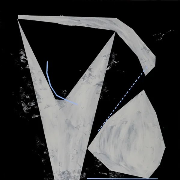 Caroline Kent, Indiscernible Objects Pt. 2, 2017 ×Three shapes. The largest one is V-shaped with uneven "legs". There's a smaller almost boomerang-shaped piece with a flat part balanced across the "legs" of the V and a slightly curved part to the right. Below that, to the right of the V and touching it, is a roundish object. Acrylic on paper, 30 x 22”.