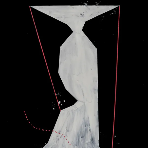 Caroline Kent, Indiscernible Objects Pt. 3, 2017 White streaked with gray object on black with solid and dotted red lines. The object is roughly shaped like a pedestal. It has a large upside-down obtuse triangle at the top, a squarish base, and asymmetric sides. Acrylic on paper, 30 x 22”.